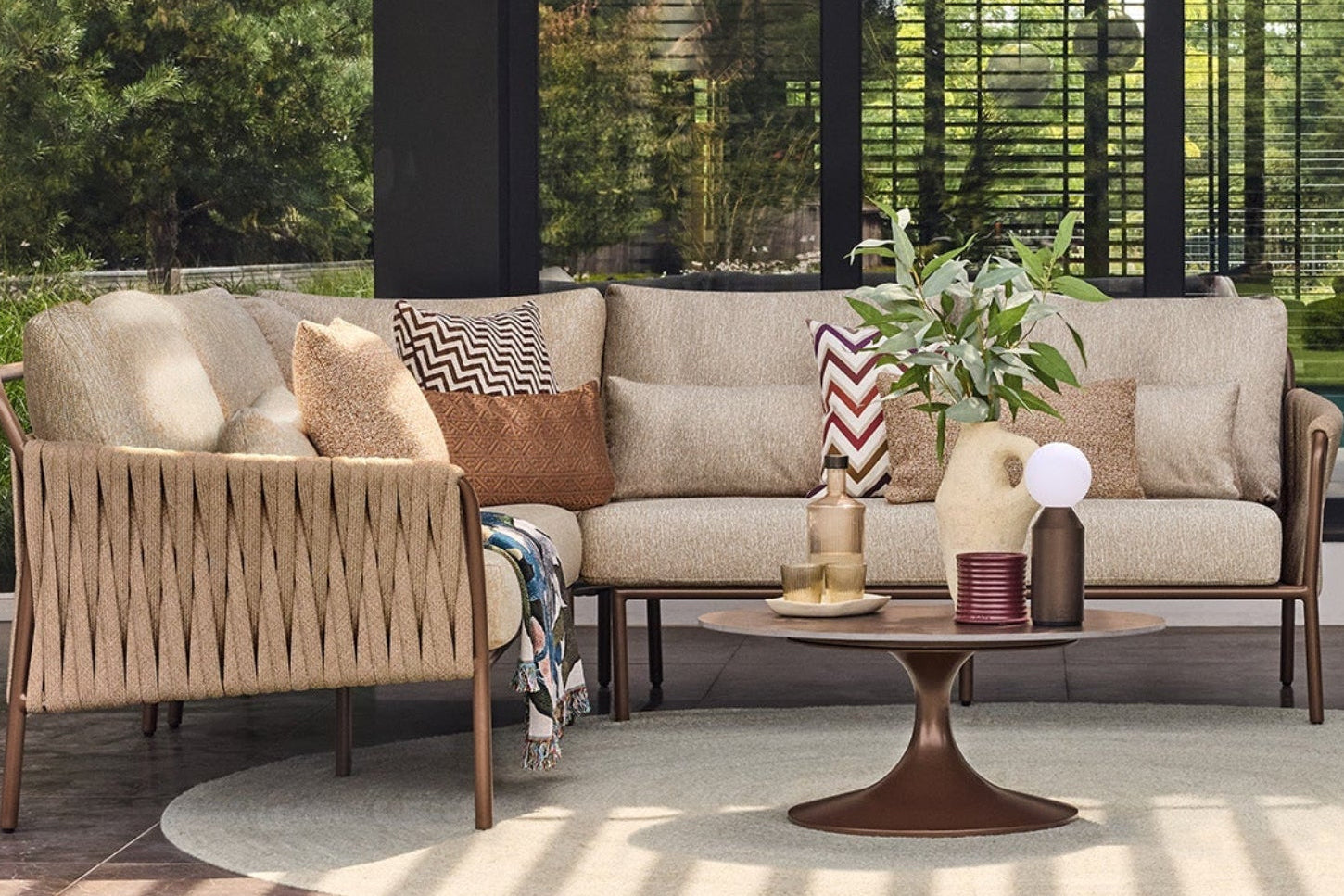 Fiave Lounge Collection bronze outdoor sofa set with armchairs and coffee table