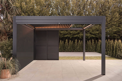 Luxe Electric Retractable Roof Pergola on patio with trees